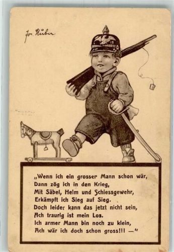 sign. Huber Kleiner Junge mit Pickelhaube und Spielzeugkarabiner WSSB 3522 Feldpost WK I Dragoner-Reg. Nr. 9 Zensurstempel Kinder in Uniform 1916 Künstlerkarte
