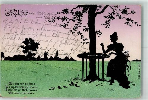 1899 Junge Frau sitzt unter einem Baum und verfasst einen Brief E.B. & C.i.B. S. 9138