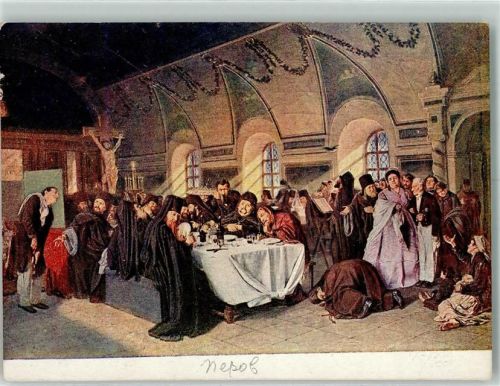 sign. Perow Eine Mahlzeit in einem orthodoxen Kloster mit Adeligen und Mönchen und bettelnden armen Menschen