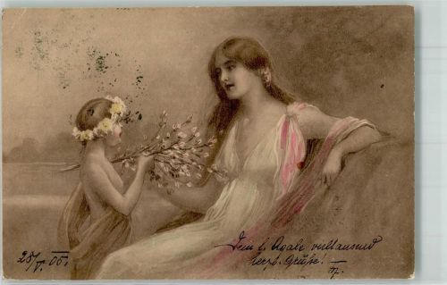 1905 Mythologie Kind Blumenkranz im Haar Frau mit langen Haaren