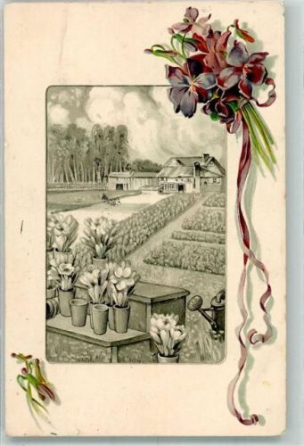 1910 Passepartout Bauernhaus Gartenbeete Gießkanne Blumen zum Verkauf