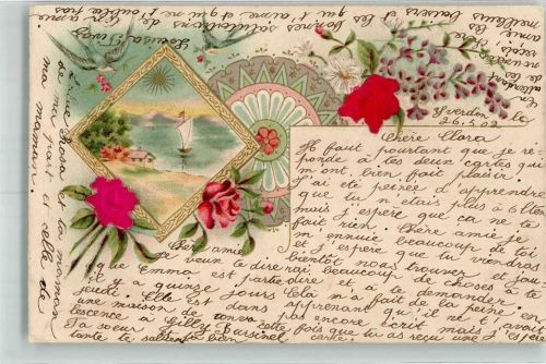 1902 mit Echstoffaplikation Rosen Veilchen Lithographie