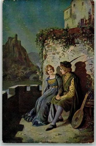 Verliebtes Paar mit Laute nachts im Garten der Burg S.V.D. Nr. 552