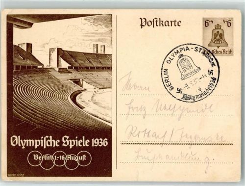 1936 sign. Fritz, Georg Marathontor und Tribüne des Olympiastadions Sonderstempel Ganzsache WK II Künstlerkarte