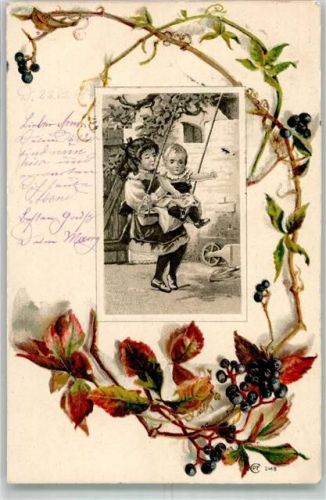 1902 Zwei Kinder auf der Schaukel umrankt mit wildem herbstlich verfärbten Wein P.F. 2418