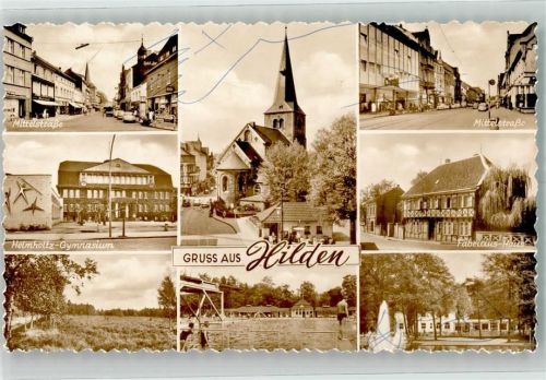 Hilden Reformationskirche Mittelstraße Helmholtz-Gymnasium Schwimmbad Fabricius-Haus Foto Original aus Archiv eines Ansichtskartenverlags Striche auf Bildseite