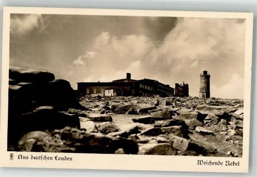 Brocken Weichender Nebel über Brockenhaus und Turm Verlag Fangmeier No. 200