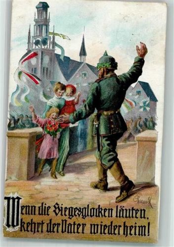 1915 sign. Krasselt Landser in Uniform kehrt nach dem Sieg zu seiner Familie heim L & P 1705 Feldpost Landwehr Inf.-Reg. 125