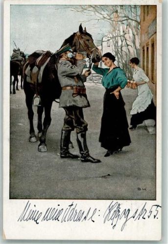 1916 Junge Frauen bewirten deutsche Kavalleristen mit einem Krug Bier Verlag Albert Langen Nr. 23 Maschinenstempel