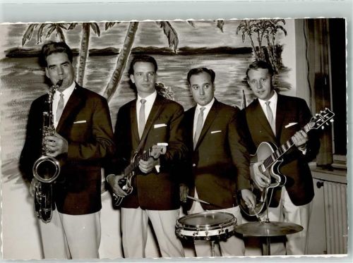 Rheinkamp Musikgruppe Saxophon Gitarre Ort handschriftlich Foto Original aus Archiv eines Ansichtskartenverlags