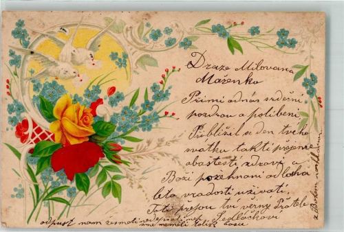 1902 mit Echtstoffaplikation Rosen Vergissmeinnicht