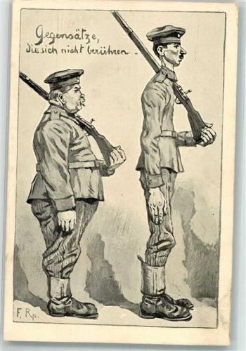 sign. F.Rp. Ein dicker und ein dünner deutscher Landser mit geschultertem Karabiner E.N.N. No. 106