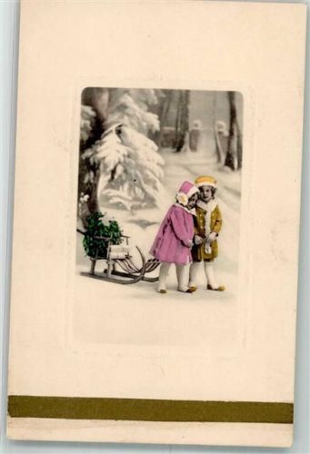 1916 Zwei Kinder ziehen den mit Geschenken und Tanne beladenen Schlitten Weihnachten P.T.L. Art de Vienne No. 2272