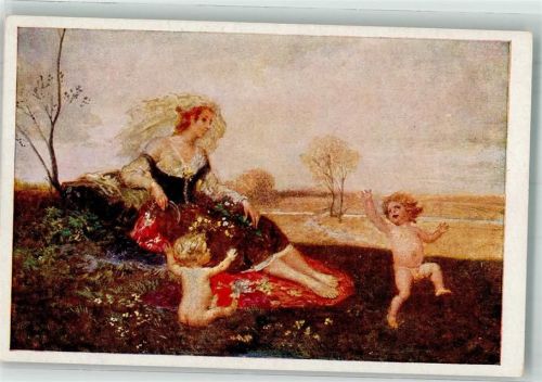 sign. Prof. Veith Frühlingslust Junge Frau in Tracht mit ihren kleinen Kindern Verlag Wiener Kunst B.K.W.I. Nr. 2467