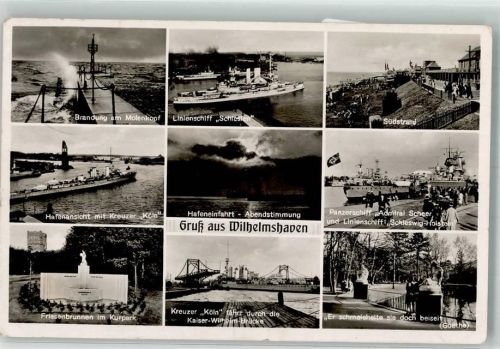 Wilhelmshaven 1938 Molenkopf Kreuzer Köln Friesenbrunnen im Kurpark Linienschiff Schlesien Panzerschiff Admiral Scheer Südstrand Nordsee-Verlag Nr. 280