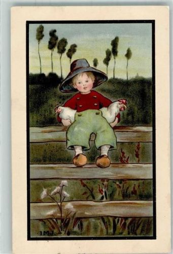 1909 Nr. 445 sign. I.M.J. Ein Hollandkind in Tracht mit zwei Hühnern im Arm