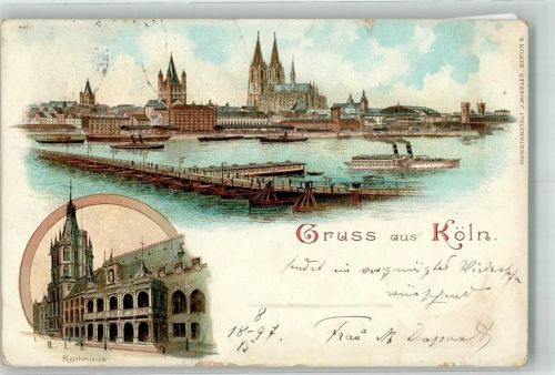 Köln Altstadt-Nord 103 1897 Lithographie Schiffbrücke Rathaus