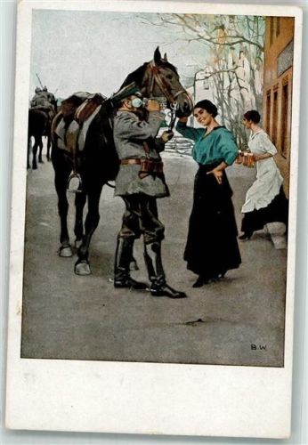 Junge Frau erfreut abgesessenen deutschen Kavalleristen in Uniform mit einem Glas Bier WK I Verlag Albert Langen Nr. 23