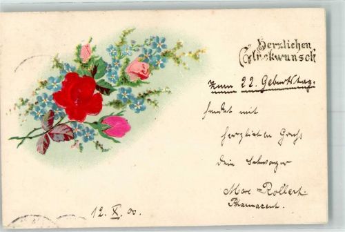 1900 mit Echtstoff Aplikationen Rosen Vergissmeinnicht