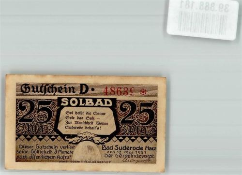 Bad Suderode 1921 25 Pfennig Gutschein Solbad D 48639