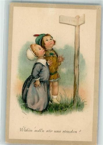 1923 Nr. 445 Zwei Kinder stehen ratlos vor einem Wegweiser