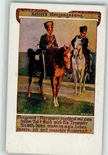 sign. Wilke Zwei Kavalleristen in Uniform zu Pferde im Morgenrot Volksliederkarten Nr. 1