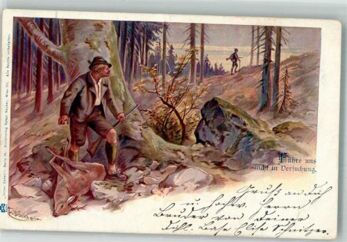 1900 Zwei Jäger auf der Pirsch im Wald Verlag Rafael Neuber Serie 14 Künstlerkarte