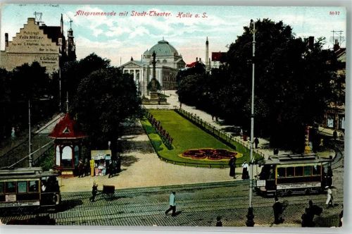 06108 O4002 Halle Saale 1905 Foto AK Alte Promenade Stadttheater Straßenbahn