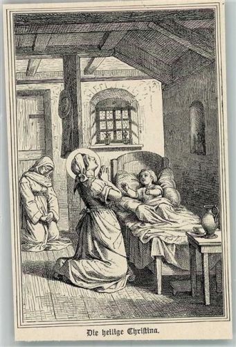 Bolsena Stahlstich um 1880 , die heilige Christina Patronin der Sünder Gebet am Bett eines Kindes Christliche Persönlichkeit Heiligenbild