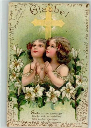 1909 Prägedruck Zwei betende Kinder unter dem Kreuz zwischen weißen Lilien verkörpern den Glauben