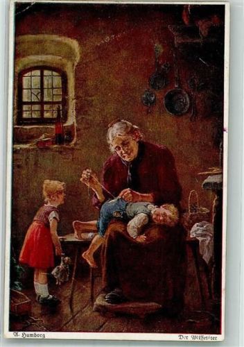 1919 sign. Humborg Großmutter näht dem Enkelkind den Hosenboden Verlag Wohlgemuth & Lissner No. 3134