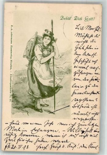 Behüt Dich Gott Sennerin mit Käse oder Butter auf der Kiepe Landwirtschaft 1898 Künstlerkarte