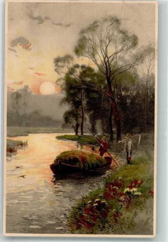 1908 Bauern schaffen im Sonnenuntergang Heu mit einem Kahn auf den heimischen Hof Serie 1507