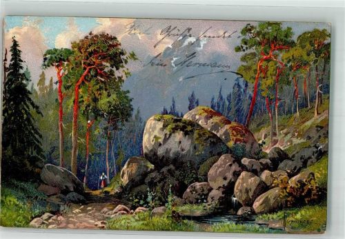 1904 sign. Kammerer Einsame Frau auf Wanderschaft im felsigen Hochwald