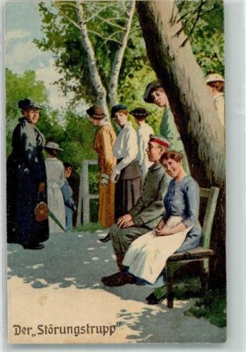 Landser mit seiner Liebsten auf einer Parkbank werden von neugierigen Frauen betrachtet Serie Immer Fachmann Nr. 8 Feldpost 2. Bayer. Ers.-Regt. Militär Humor WK I 1917 Künstlerkarte