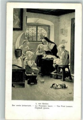 1919 sign. van Gelder Nonne gibt Mädchen Unterricht im Nähen Katze