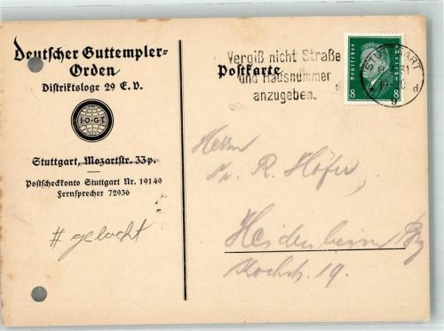 Stuttgart Deutscher Guttemplerorden Distriktsloge 29 gelocht