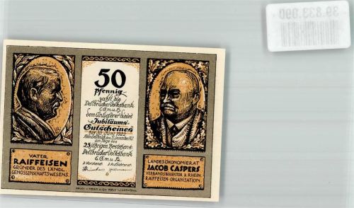 Köln Dellbrück 905 1921 50 Pfennig Jubiläums-Gutschein Vater Raiffeisen Landesökonomierat Jacob Caspers