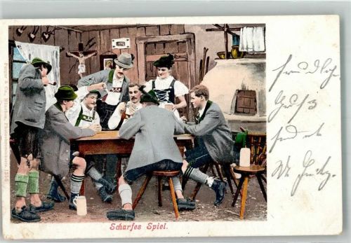 1901 Junge Männer in bayerischer Tracht bei Bier und Spiel Verlag Purger & Co. 1356