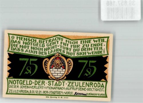 Zeulenroda 1921 75 Pfennig Wassernot