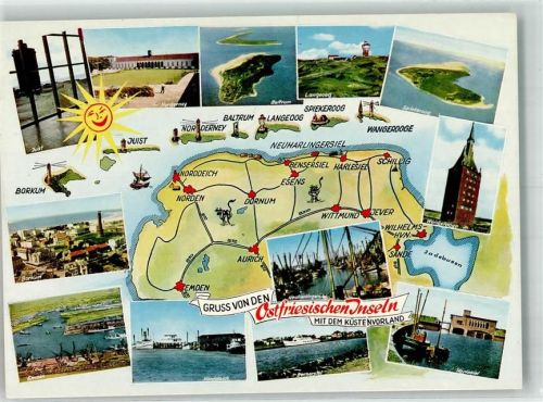 Juist Landkarte von Ostfriesland mit den Inseln Borkum Baltrum Norderney Langeoog Spiekeroog Wangerooge Emden Norddeich Bensersiel Neuharlingersiel Harlesiel
