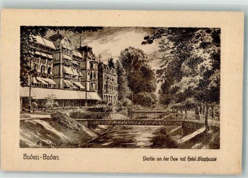 Baden-Baden 1924 sign. Müllers, Rudi Oosbrücke mit Hotel Stephanie Verlag Otto Lommel