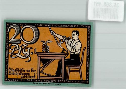 Stützerbach 1921 20 Pfennig Gutschein Glasbläser an der Gebläselampe arbeitend