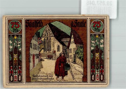Saalfeld 1921 Gutschein über 75 Pfennig Bettelmönch vor der Andreaskirche