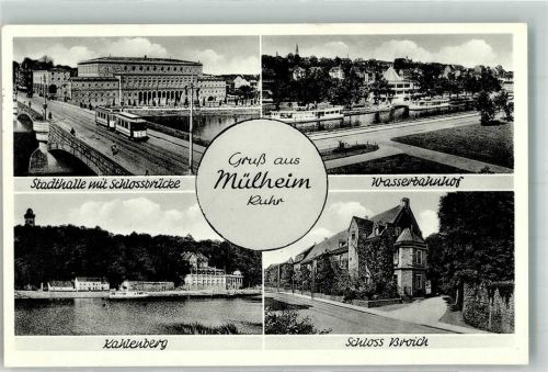 Mülheim 1953 Straßenbahn Schlossbrücke Stadthalle Wasser- Bahnhof Schloss Broich Notopfermarke Berlin
