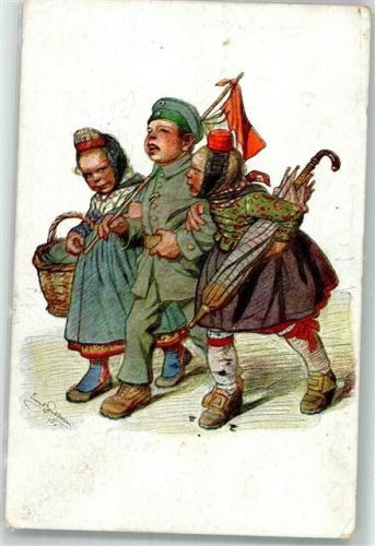 1915 Zwei Mädchen in hessischer Tracht mit einem Jungen in ihrer Mitte Nr. 18 WK I