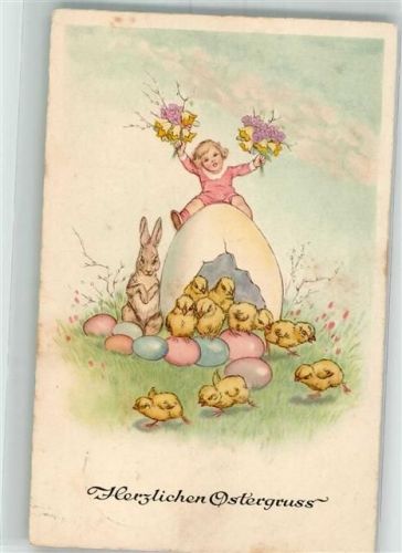 1939 Ei als Kükenhaus , Hase Wichtel mit Blumen