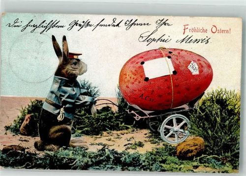 1908 Hase vermenschlicht Großes Ei mit Räder