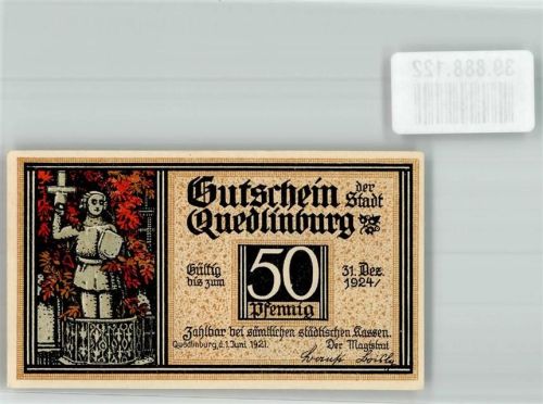 Quedlinburg 1921 50 Pfennig Gutschein Klopstock`s Geburtshaus