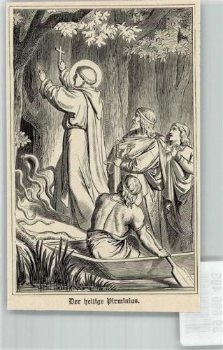 Stahlstich um 1880, der heilige Pirminias , Schlangen Christliche Persönlichkeit Heiligenbild